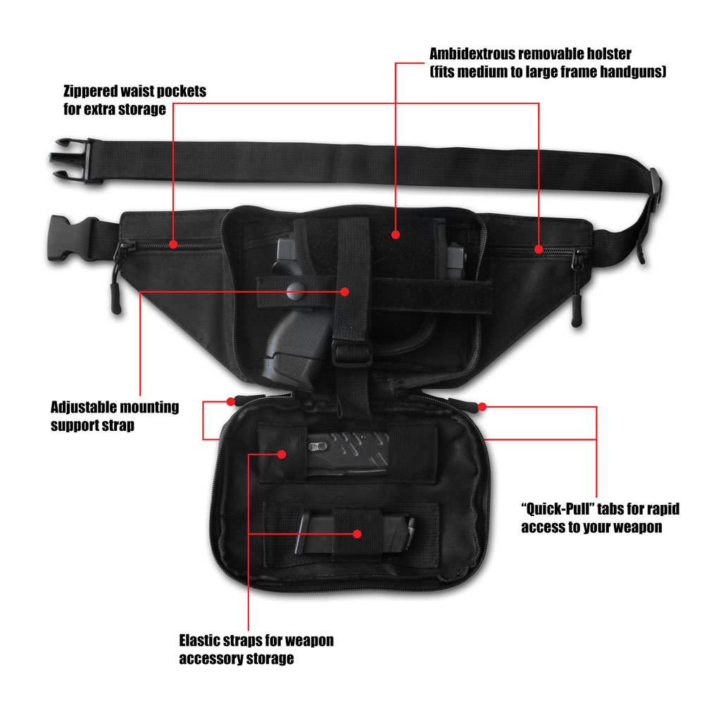 Patriot Pack Tactical Pistol Pack for Concealed Carry. This Black Nylon Light Weight Fanny Pack for Guns has a Compartment with Adjustable Holster for Compact and Subcompact Pistols.