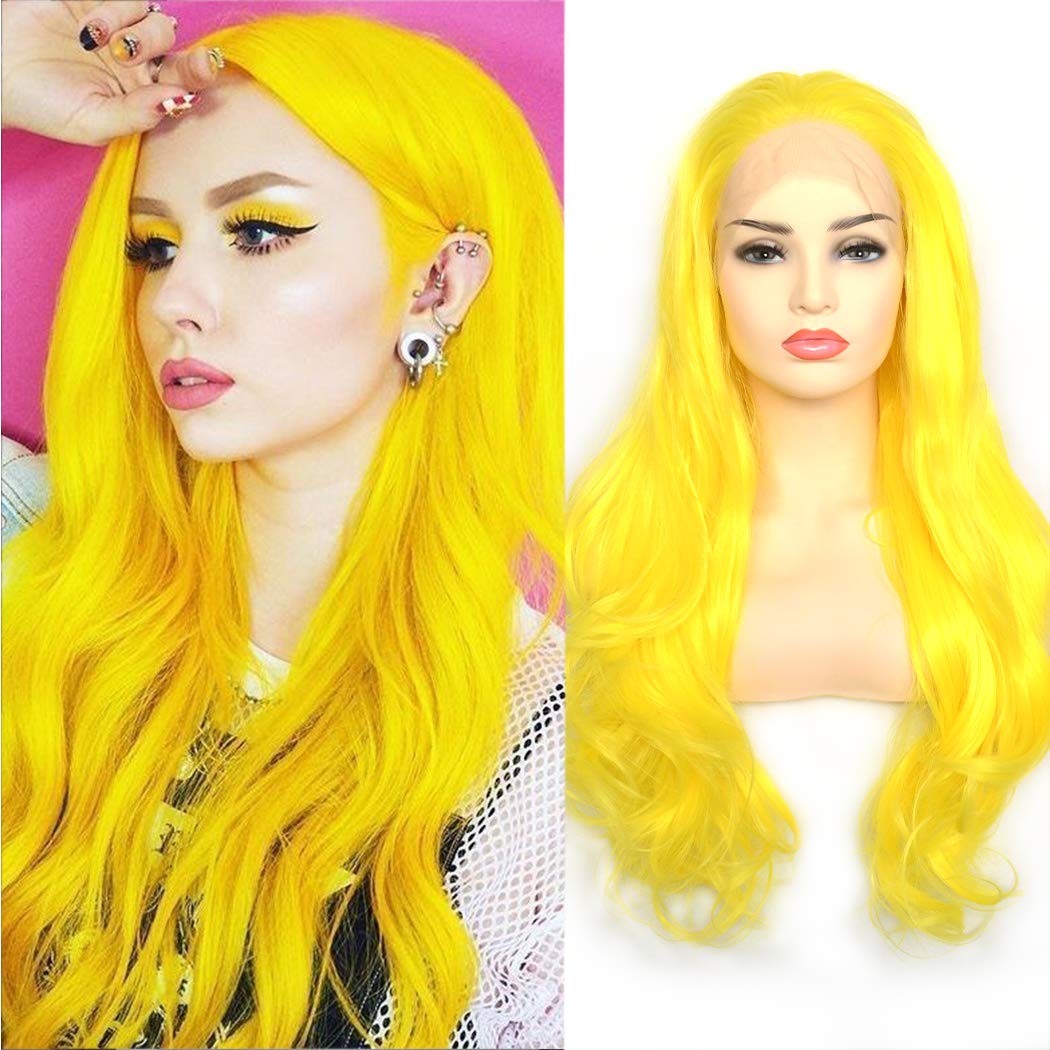 BLUPLE Sexy Yellow Synthetic Lace Front Wigs Long Natural