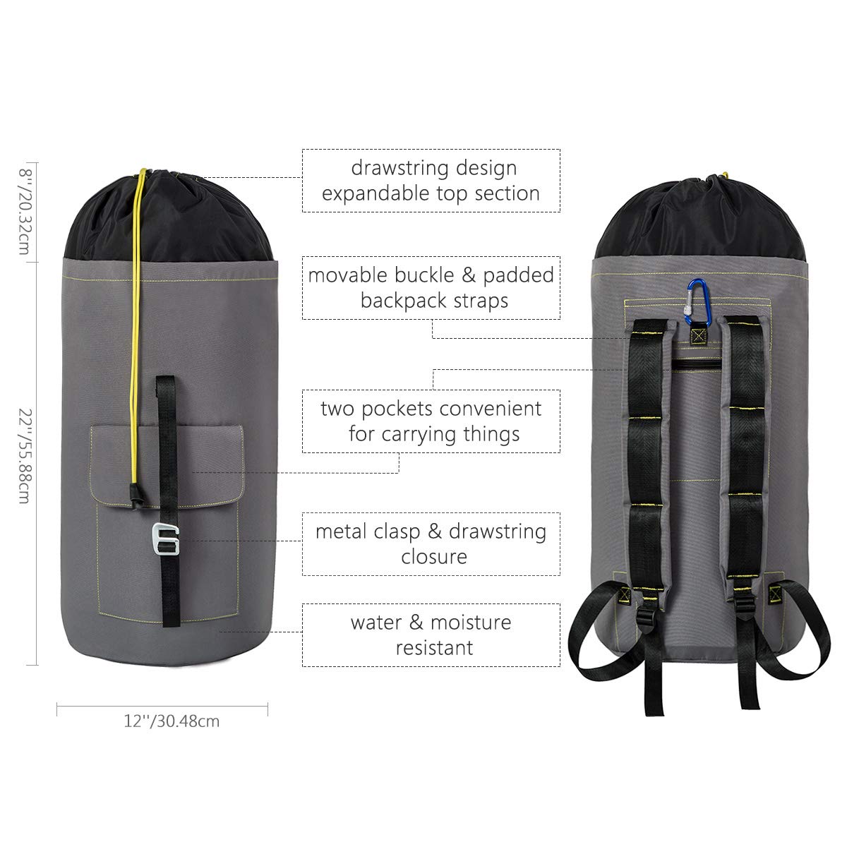 WOWLIVE Large Laundry Bag Laundry Backpack Hanging Laundry Hamper Adjustable Shoulder Straps Camping Bag Waterproof Durable Travel Collage Apartment Dorm Sports (Expandable to 30\'\',Grey)