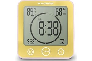 KADAMS Shower Clock Waterproof Bathroom Timer – Digital Wall Clock with Countdown, Magnetic Kitchen Clock with Temperature & Humidity, Suction Cup for Kids Shower Spa Sauna Cook Bath (Yellow)