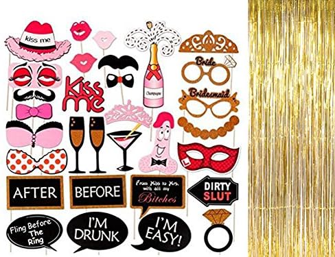 Bachelorette Party Favors| Photo Booth Prop Bundle(31-Piece Set) w/ Gold Foil Fringe Curtain| Bridal Wedding Shower Supplies| Girls Night Out Accessories| Dress Up Supplies-Masks, Tiaras, Mustaches