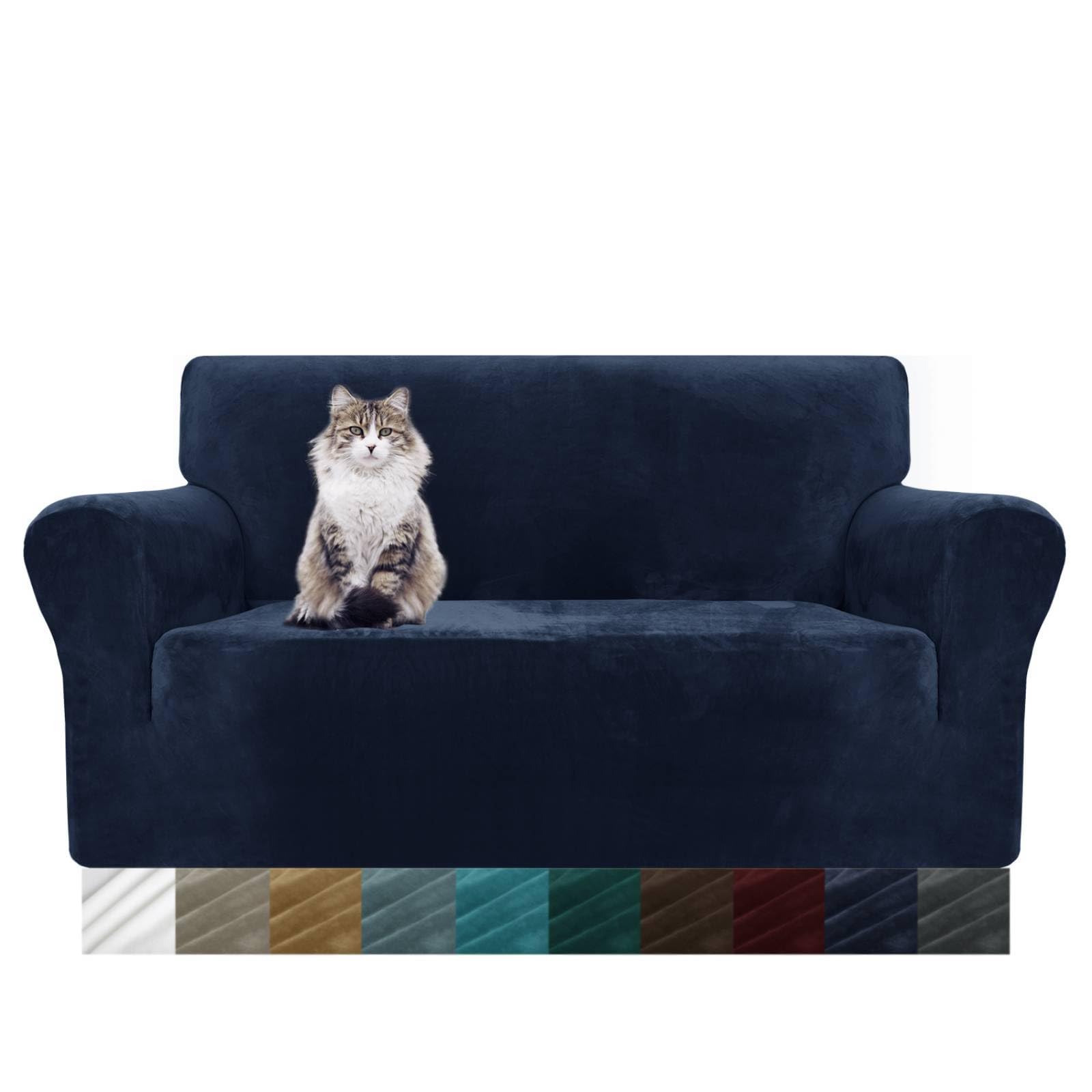 MAXIJIN Thick Velvet Sofa Covers 2 Seater Super Stretch Non Slip Loveseat Covers for Living Room Dogs Cat Pet Plush Love Seat Couch Slipcovers Elastic Furniture Protector (2 Seater, Navy Blue)
