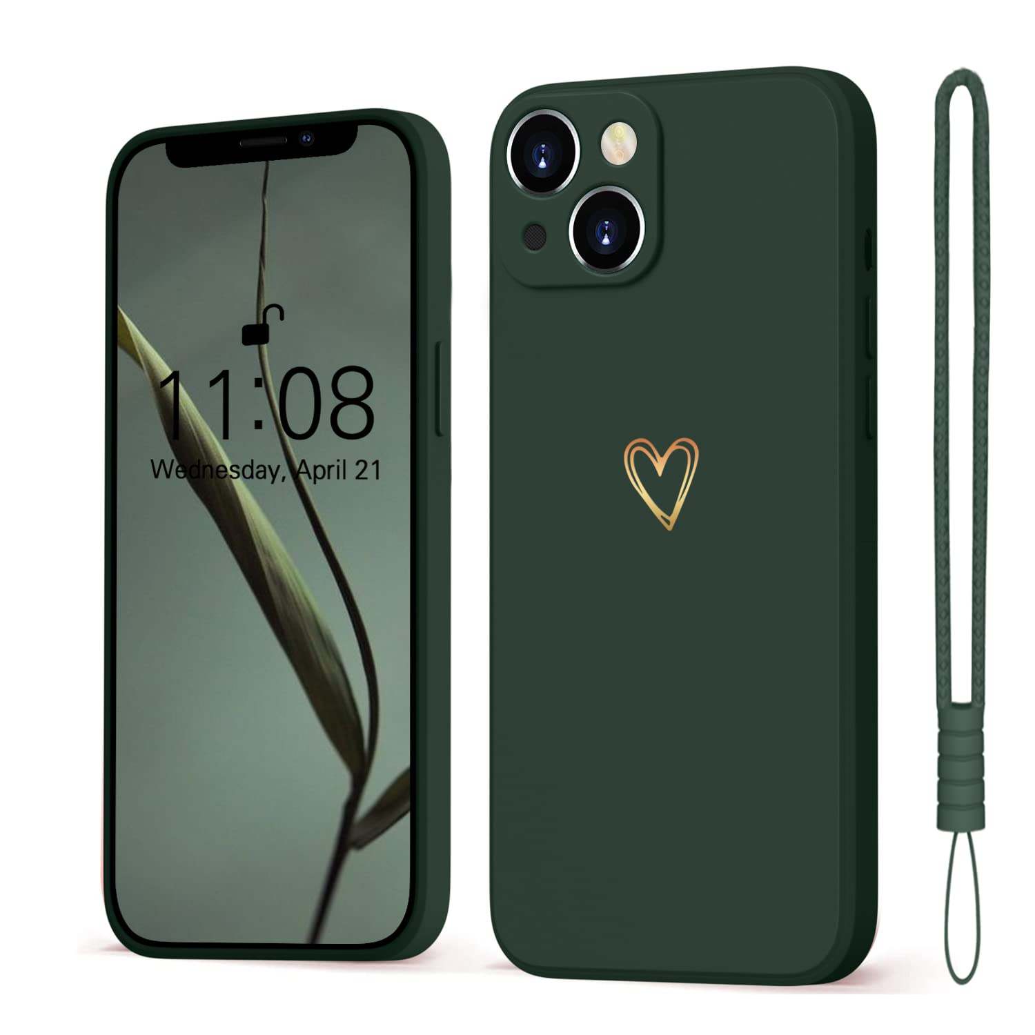 Mitetabo For iPhone 14 Case, Mobile Phone Case iPhone 14 Gold Love Heart, Girls Case Soft Silicone Slim Shockproof Scratch-Resistant Cute Gold Love Protective Case for iPhone 14 6.1 Inch Dark Green