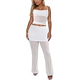 Women's See Through Lace 2 Piece Outfit Sheer Mesh Sleeveless Tube Top and Bodycon Flare Pants Sets Outfit Clubwear