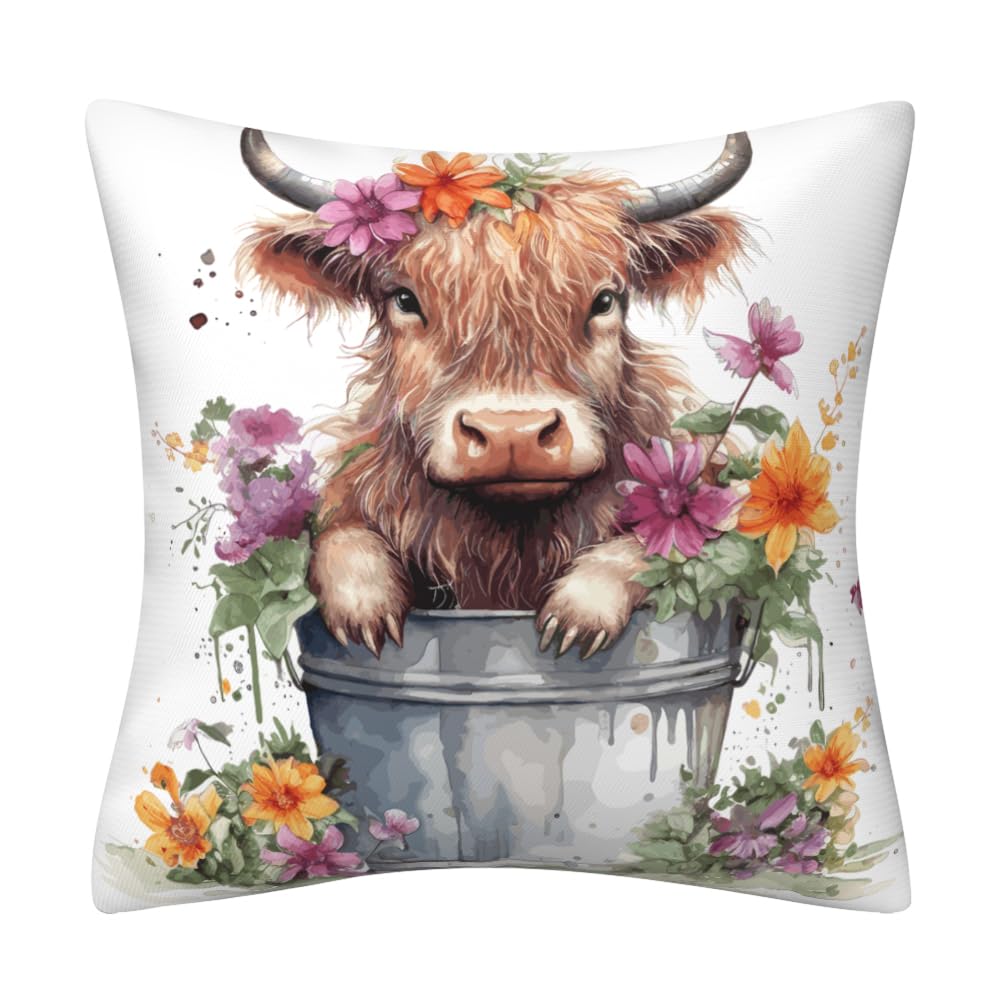 Highland Cow Gifts Cushion Covers 45 x 45 cm, Baby Highland Cow with Flowers Double-Sided Decorative Pillows Covers for Home Sofa Bed Livingroom Garden Outdoor Decor Cushion Cover 18 x 18 inch