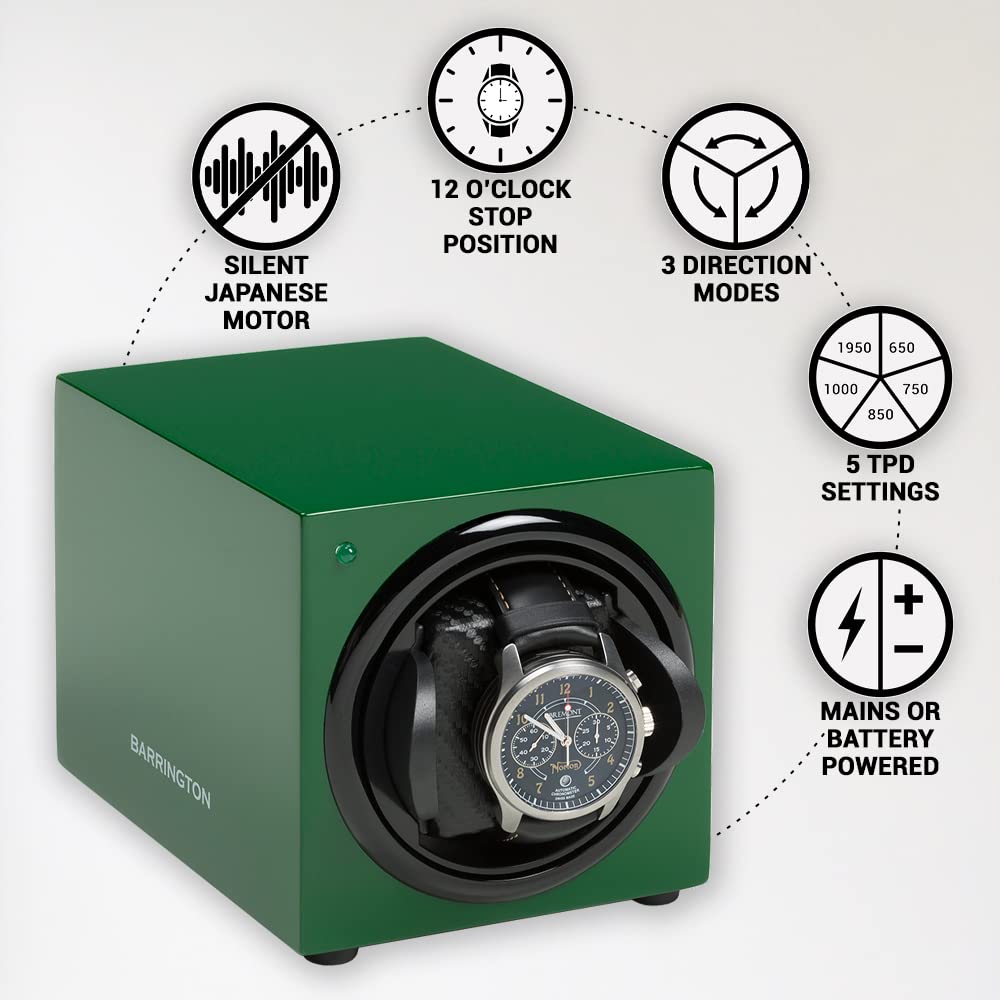 BARRINGTON Single Watch Winder for Automatic Watches with Silent Japanese Motor | Watch Winder for Luxury Brands | Adjustable TPD 650-1950 | AC Operated | Battery Backup