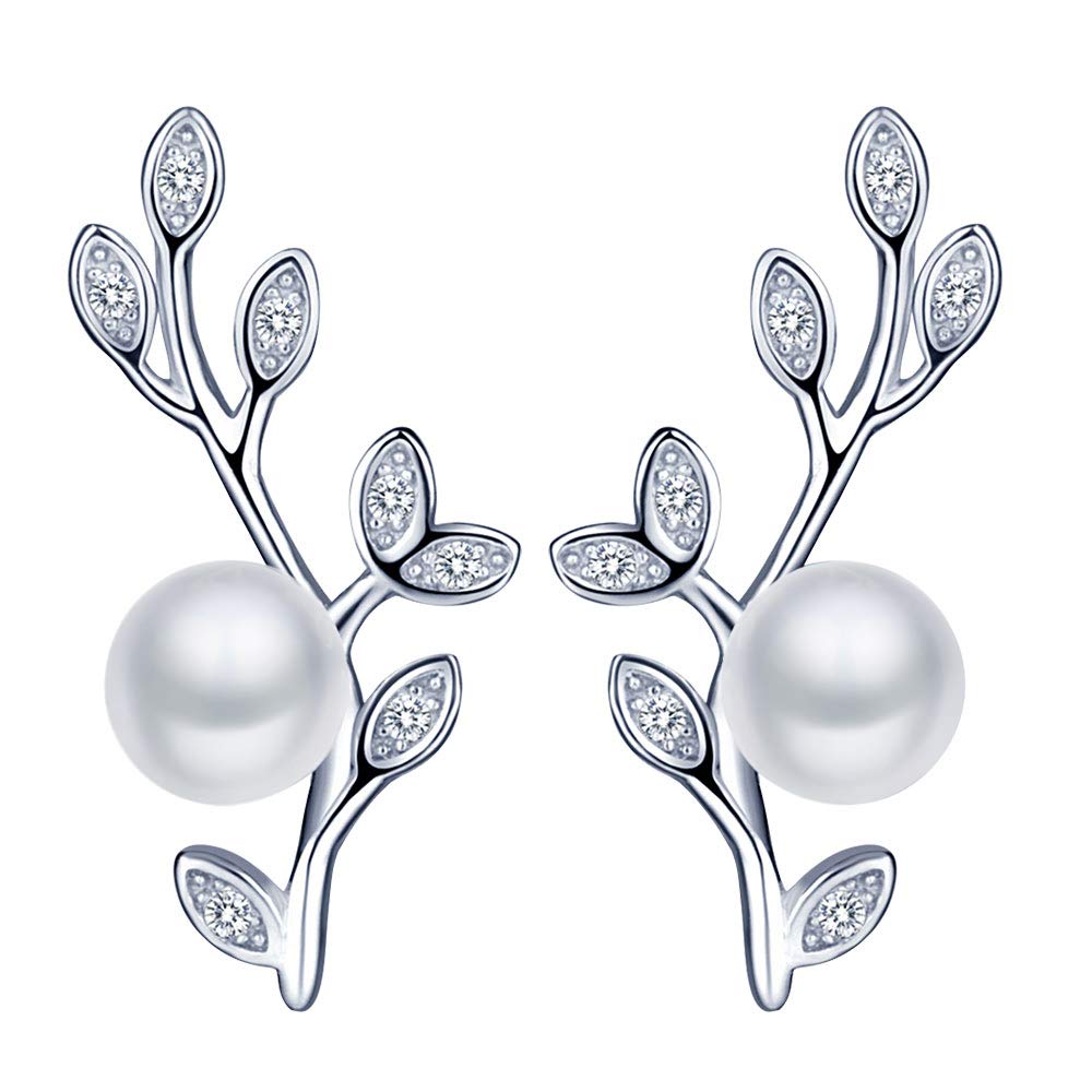 MICGIGI-Women Pearl Leaf Earrings 925 Sterling Silver Crystal Stud Earrings with 6.5mm Pearls