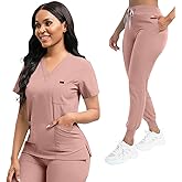 YEZEX Scrubs for Women Set, Women's V-Neck Top & Jogger Scrub Pants, Nursing Uniform Scrubs Set with 8 Pockets, for Nurse Esthetician Workwear (Pink)