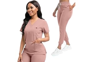 YEZEX Scrubs for Women Set, Women's V-Neck Top & Jogger Scrub Pants, Nursing Uniform Scrubs Set with 8 Pockets
