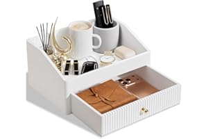 LADSTAG Office Desk Accessories,Beige White Vegan Leather Office Organizer with 1 Drawer & Tray,Pen Holder with Gold-Tone Metal Accents Knob for End Tables,Bedside Table,Bedroom.