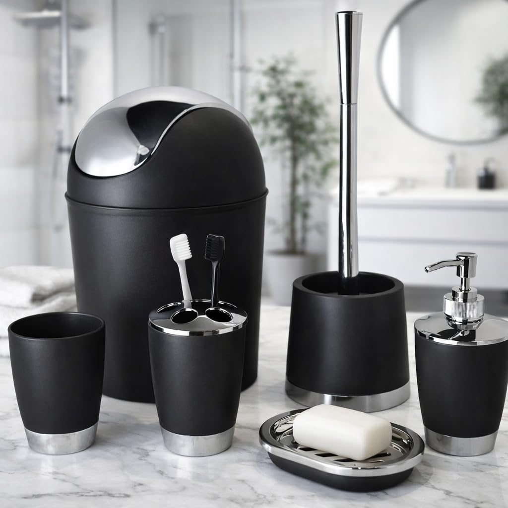 Bathlux Modern Design 6 Piece Bathroom Accessory Set, Toilet Brush, Waste Bin, Soap Dish, Tooth Brush Holder Soap Dispenser, Rinse Cup (Black)