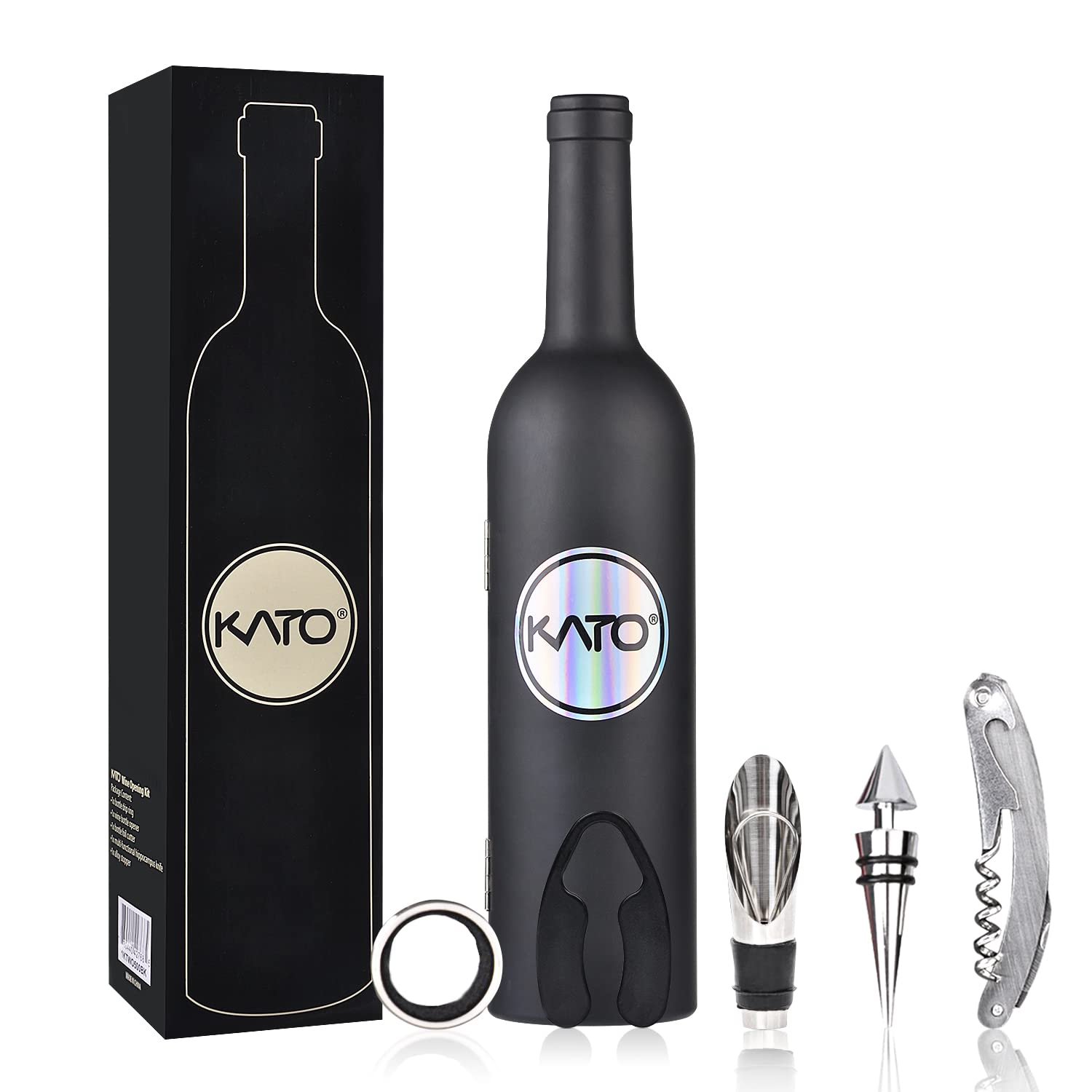 5 Pcs/Set Deluxe Wine Accessories Gift Set - Wine Bottle Corkscrew Opener, Stopper, Drip Ring, Foil Cutter Wine Pourer, Best Gifts for Wine Lover, Black