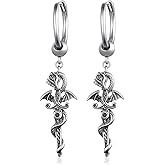 Cujiesp Sterling Silver Dragon Sword Dangle Earrings, 925 Sterling Silver, Zircon Gemstone, Dragon Theme, Halloween, 2 Count