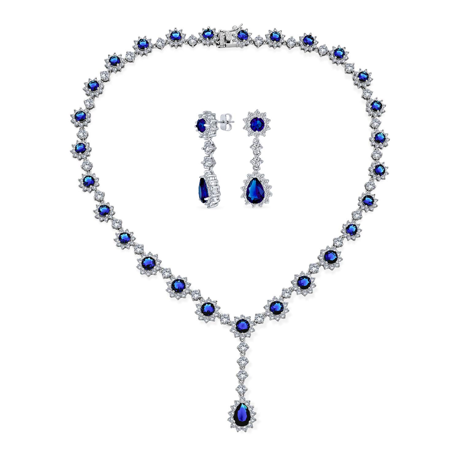 Bling Jewelry Vintage Antique Style Bridal Necklace And Earrings Set With Royal Blue Simulated Sapphire Perfect For Weddings