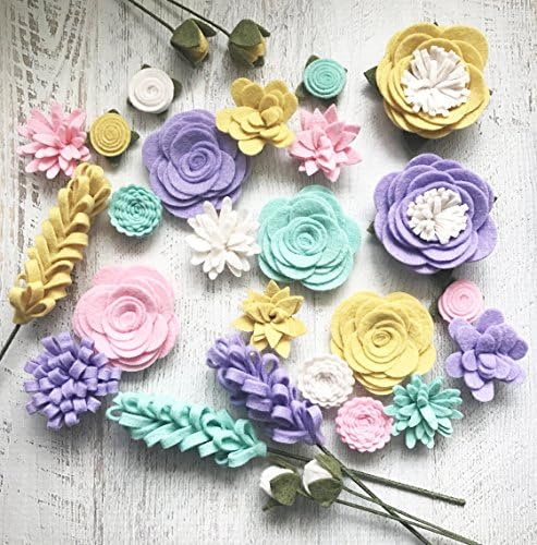 Wool Felt Fabric Flowers - Flower Embellishment - Spring - Large Posies - 28 Flowers & 20 leaves - Create Headbands, DIY Wreaths, Garlands