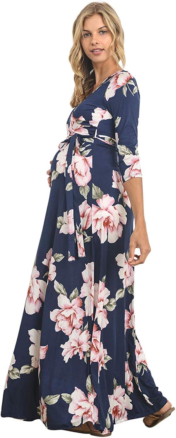 HELLO MIZ Women's Faux Wrap Maxi Maternity Dress with Belt - Made in USA at  Women’s Clothing store