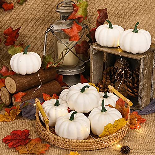 DomeStar Artificial Pumpkins Set, 12PCS White Fake Pumpkins with 30PCS Maple Leaves 1PC String Lights Fall Harvest Mini Pumpkins Faux White Pumpkins for Halloween Thanksgiving Decorations