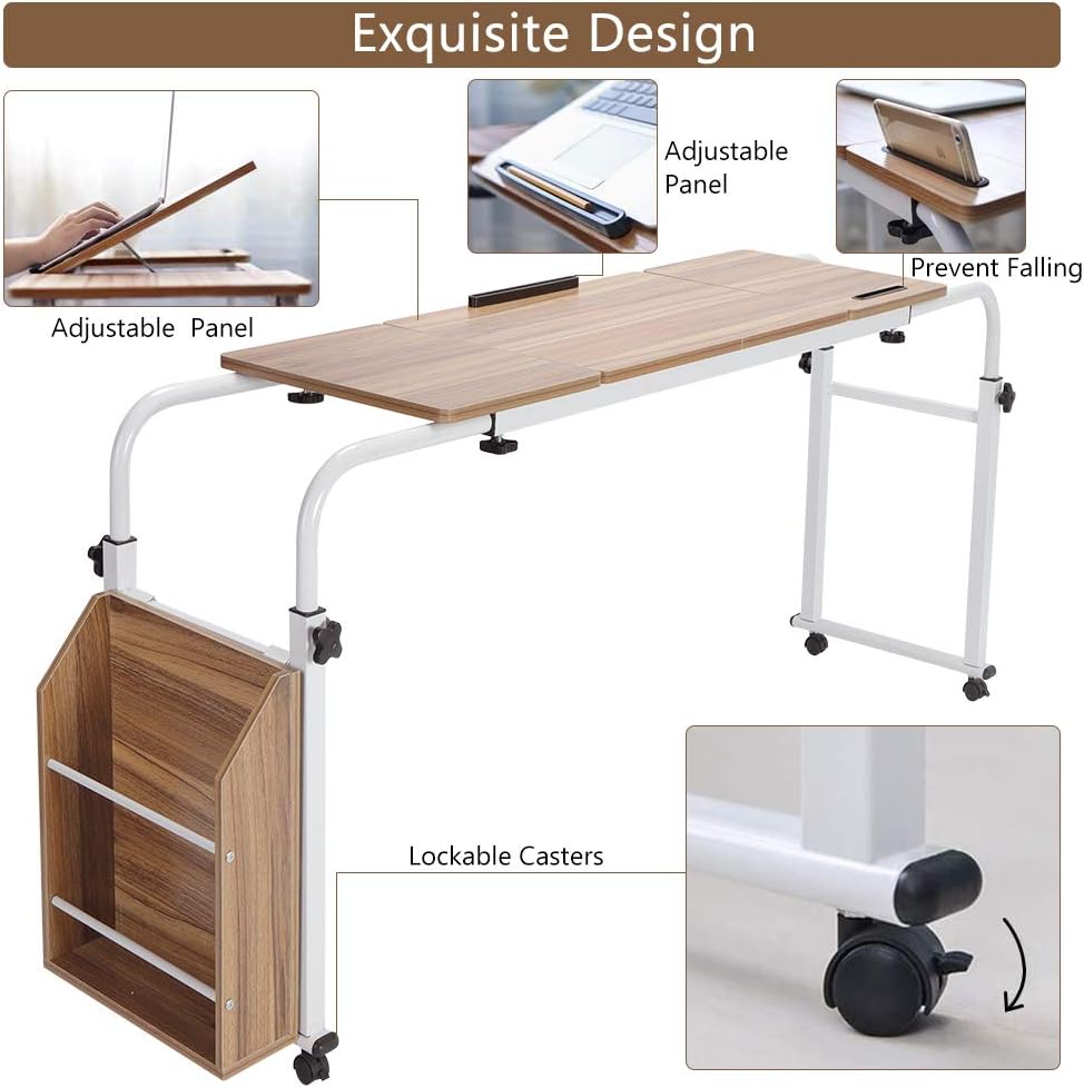 Computer Desk With Wheels Wooden Computer Workstation, PC Table With Side Storage Drawers