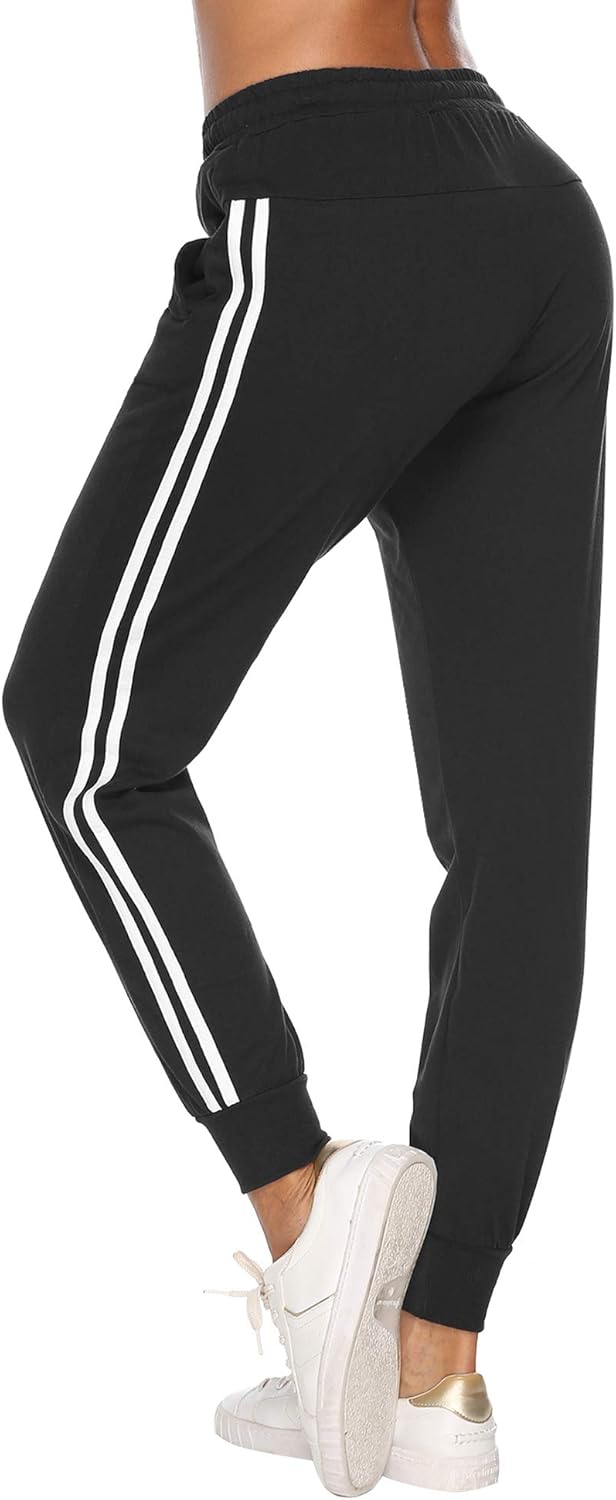 Aibrou Womens Jogger Sports Pants Side Stripes Drawstring Sweatpants Yoga Workout Bottoms with Pockets: Clothing