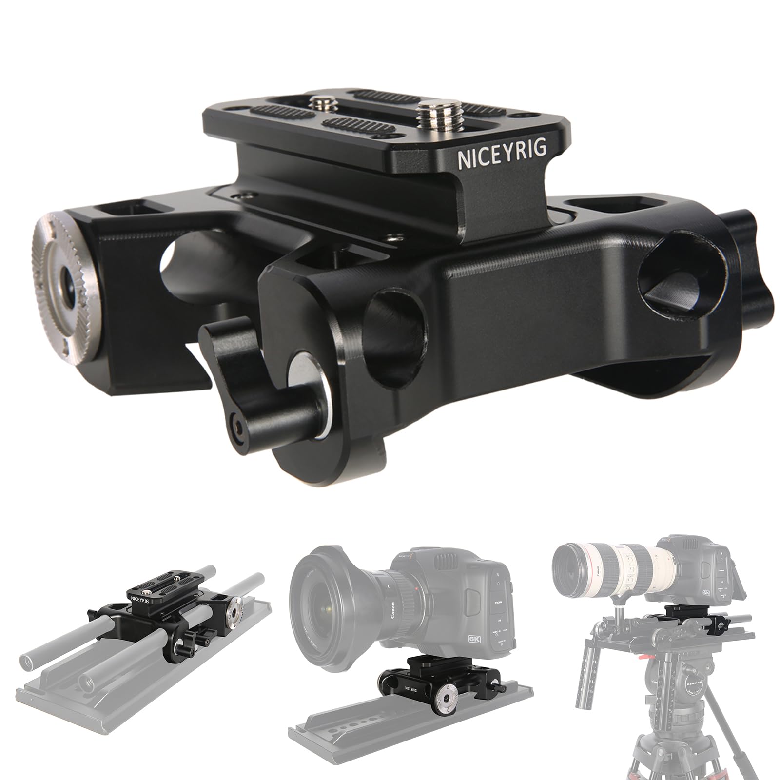 Multipurpose Camera Base Plate with 15mm Rod Rail Clamp,NICEYRIG Universal Camera Baseplate with 2 Arri Standard Gears and 15mm Rail Mount for DSLR Rig Support System-513