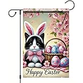 Tomhong Happy Easter Garden Flag 12x18 Inch Double Sided Outdoor Yard Banner Cute Kitten with Bunny Ears and Easter Eggs Pink Blossom Spring Decoration for Porch Lawn Patio