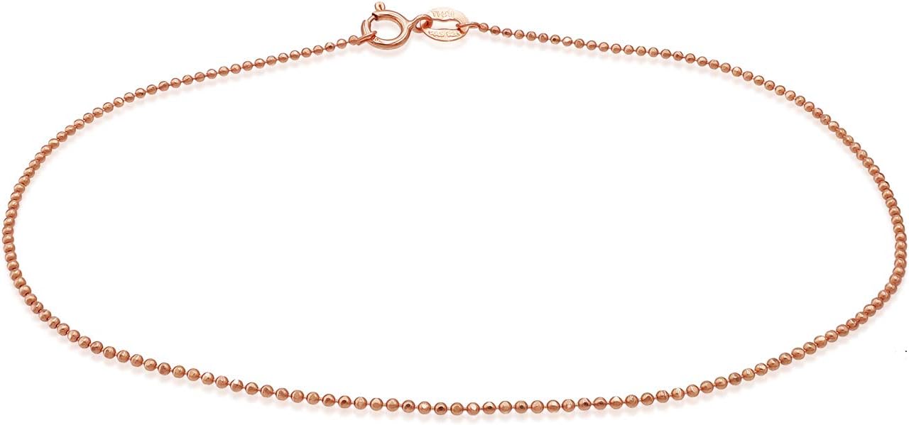 Sea of Ice Sterling Silver 1mm Round Ball Bead Chain Anklet for Women, Size 9", 10" and 11" Italy