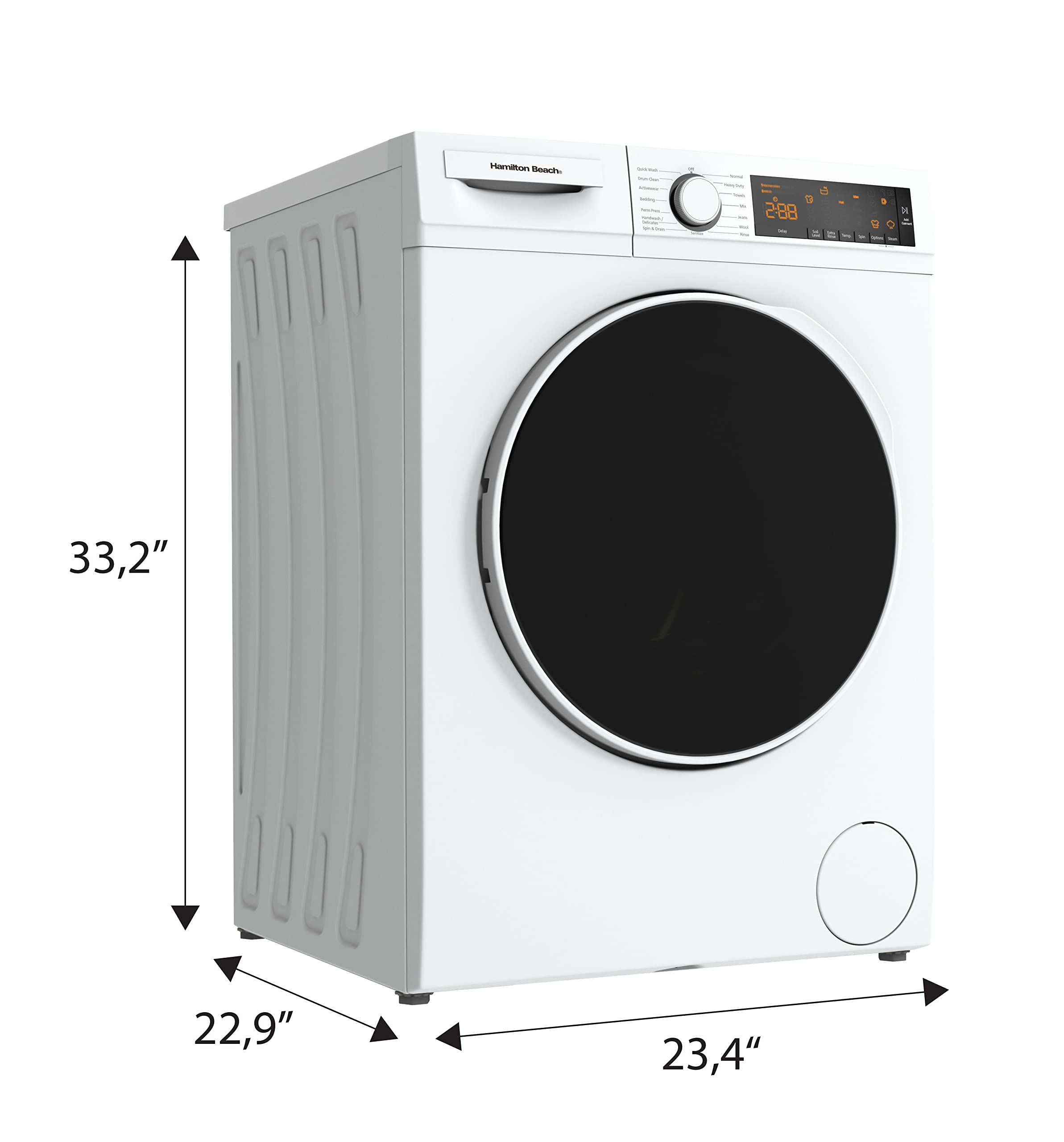 Hamilton Beach HBFW3205 Fullsize Washer-LED Digital Display Panel-5 Wash Cycles-Front Load Design-2.2 cu ft, 24 inch Wide, White