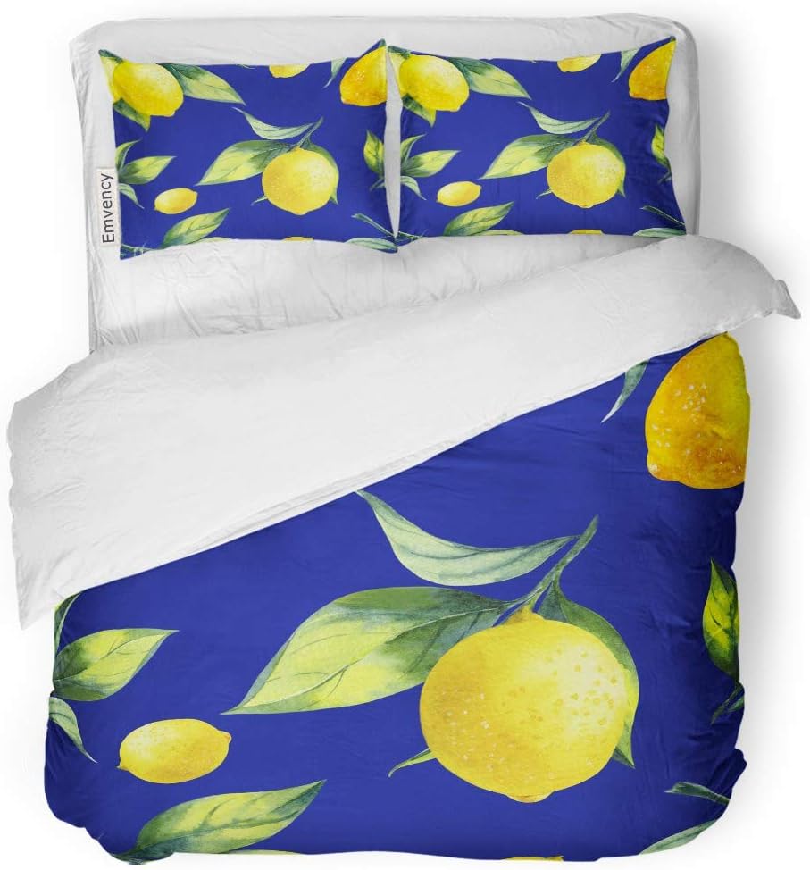Tarolo Bedding Duvet Cover Set Colorful Leaf Lemon Pattern on Dark Blue Green Paint Agriculture Botanical 3 Piece Twin 68"x90" Quilt Cover with Zipper Closure