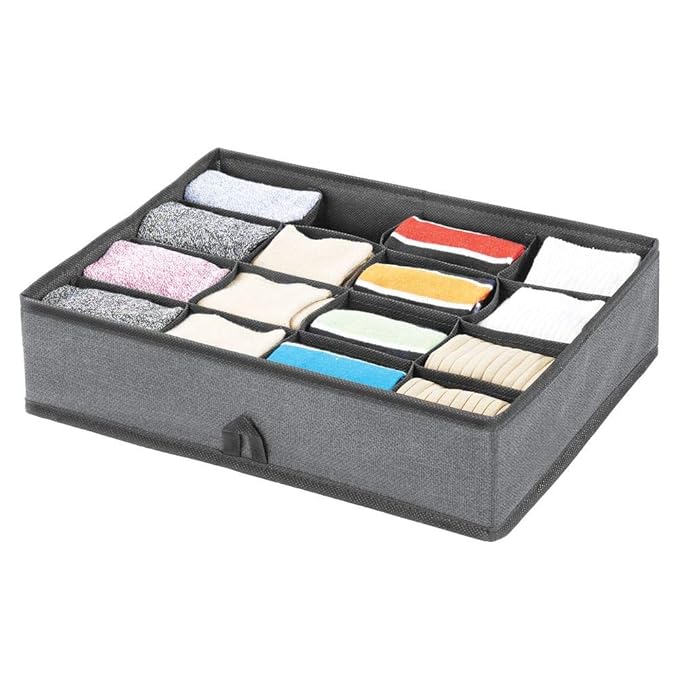 mDesign Organizador de cajones – Cajas organizadoras con 16 compartimentos para el almacenaje de ropa – Separador de cajones para calcetines, ropa interior, mallas o joyas – gris pizarra/negro