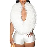 Quzzion Women Furry Collar Backless Jumpsuits Sexy Club Going Out Outfits V Neck Sleeveless Halter Shorts Romper