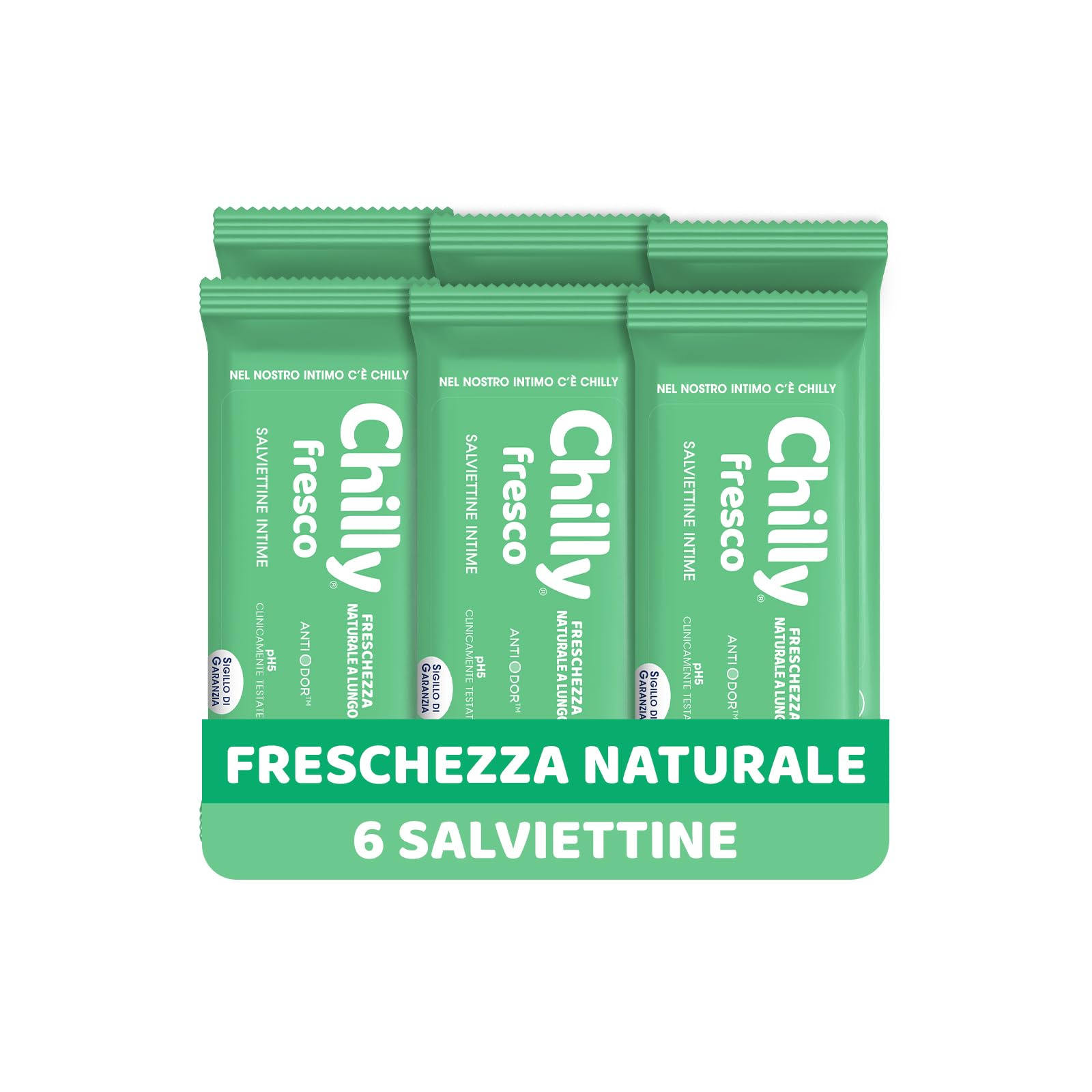 Chilly, Fresh Wipes, Intimate Hygiene Wipes, Protective Action with Natural Menthol, for Daily Use, Clinically Tested, pH 5 - Pack of 6 - Amazon Exclusive