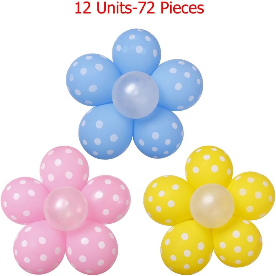 Flower Balloons Set 24" (72 Pieces-12 Units) Latex Thick Polka Dots Balloons - Unique Decoration for Wedding, Party, Baby Shower or Birthday Parties - Easy to Setup & Colorful Decor