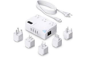 WAUDM Universal 100V-220V Travel Converter, 250Wvoltage Converter with 4 USB Charging Ports and 3 AC Plugs for Curling Irons, straighteners, Included Plugs are A, C, D, G, I, L Type.