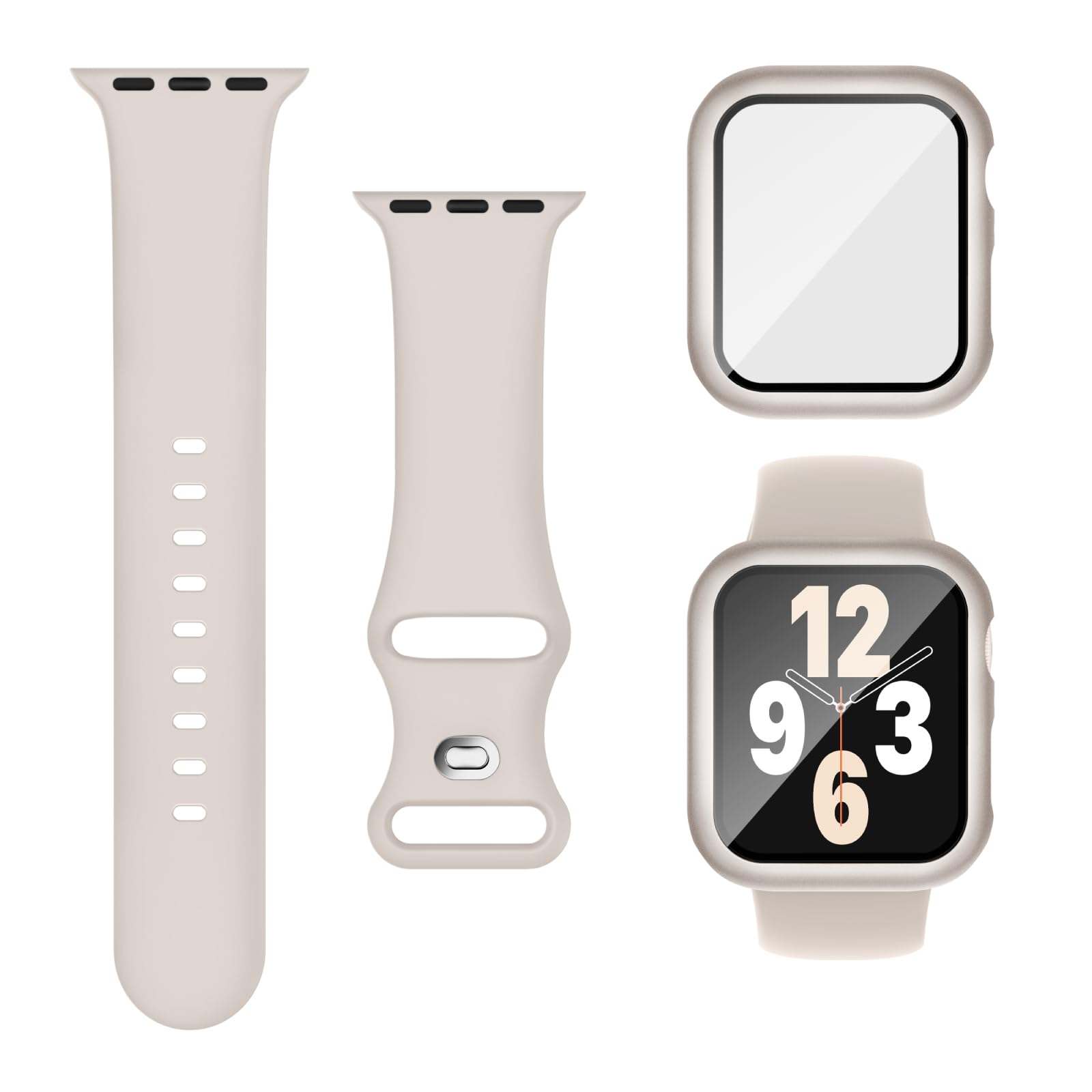 Joehwerr 3-in-1 Compatible for Apple Watch Straps 45mm with Case & Screen Protector, Silicone Sport Strap and Protective Cover with 9H Tempered Glass for iWatch Series 9/8/7, Starlight