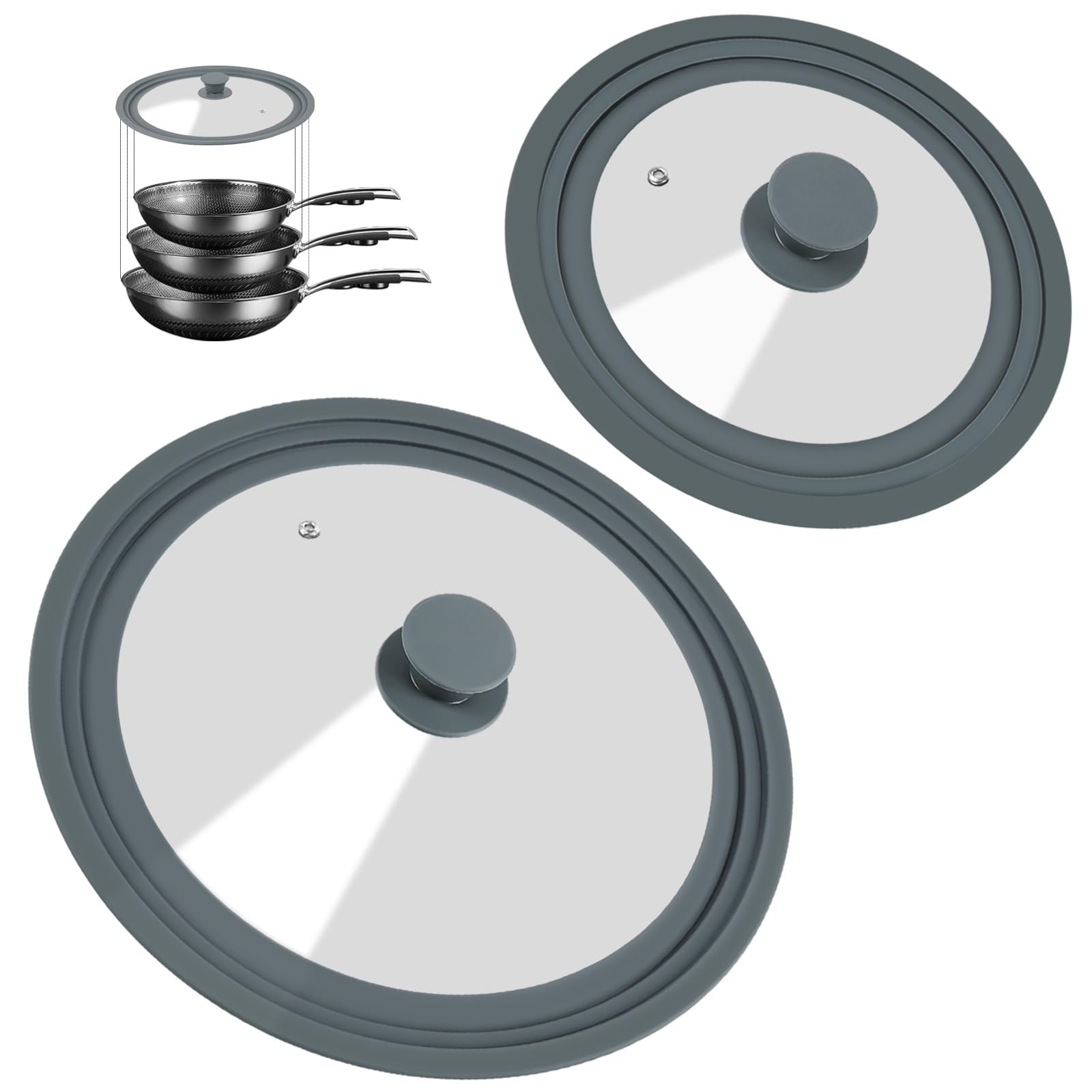 Photo 1 of Universal Lid for Pots, Pans, and Skillets - 2 Pack Silicone Replacement Pan Lid Fits 7", 8" 9" & 10", 11", 12" Cookware - Tempered Glass Pot Lid Cover for Frying Pans, Cast Iron, CrockPot