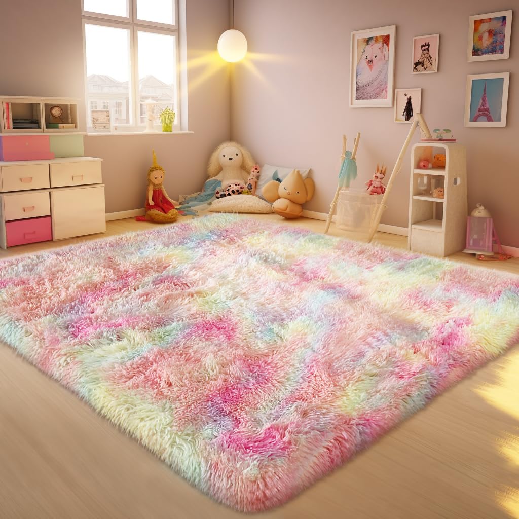 Photo 1 of Ophanie Rainbow Rug for Bedroom Girls, Unicorn Colorful Fluffy Soft Cute Fuzzy Area Rugs, Shag Plush Shaggy Bedside Floor 4x6 Furry Carpet for Kids Baby Teen Dorm Nursery Home Decor Aesthetic