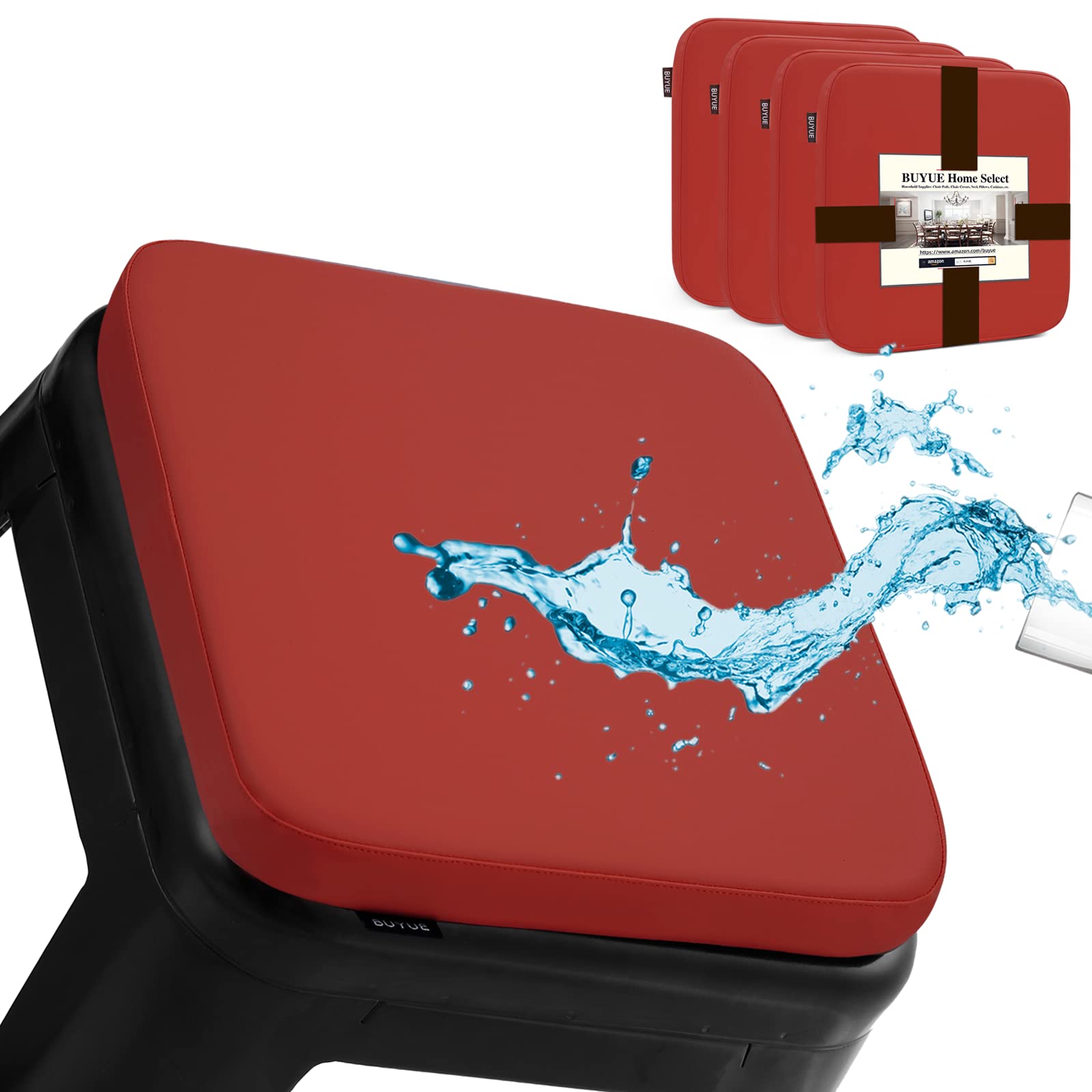 BUYUE Enhanced Anti-Slip Magnetic Bar Stool Cushions Set of 4, Luxury PU Leather Waterproof Small Seat Cushions for Café Bistro Stackable Metal Stools (Square, Red, 4) Image