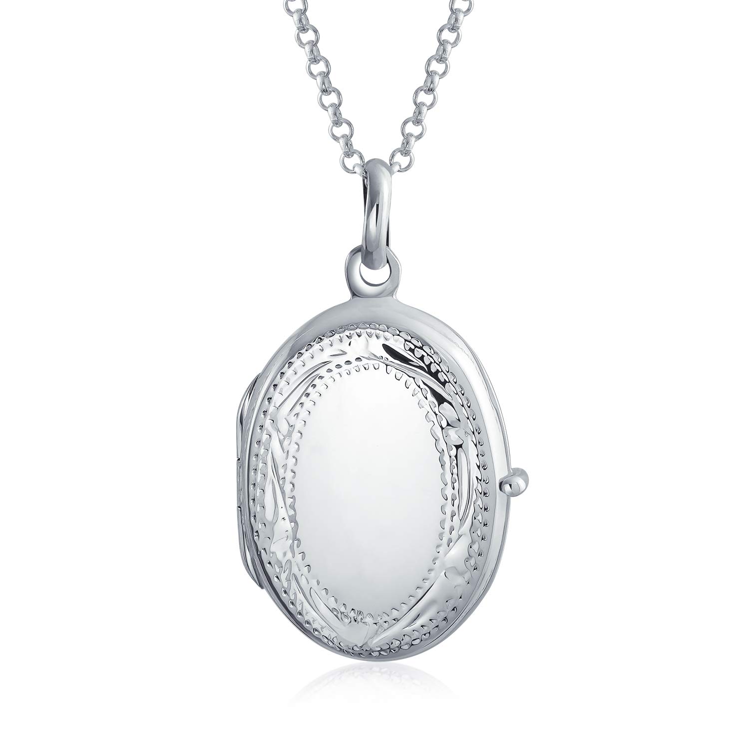 Bling Jewelry Customizable .925 Sterling Silver Oval Locket Necklace for Women Personalized Vintage Antique Style With Etched Leaf Scroll Holds Two Memory Photo Pictures