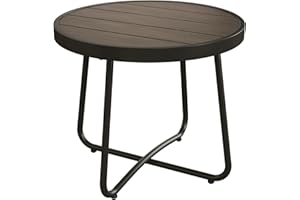 Grand patio Outdoor Side Table, Round End Table with Imitation Wood Tabletop, Dark Grey