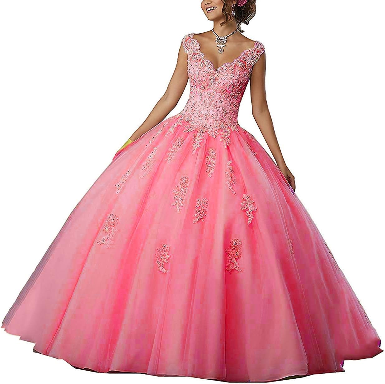 HEAR Women's V Neck Ball Gown Long Quinceanera Dress Tulle Appliques Beading Prom Dresses Hear261