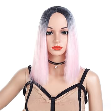 Amazon Com Deyssne Two Tones Pink Ombre Gray Wig Short Straight