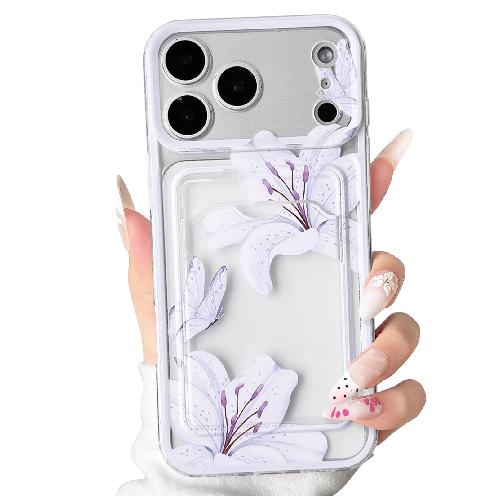 NITITOP Compatible for iPhone 17 Pro Max Case with Card Holder Clear Cute Lily Floral Flowers Butterfly for Women Girls Soft TPU Color Frame Shockproof Wallet Protective Cover - Purple