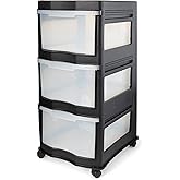 Life Story Classic 3 Tier Shelf Standing Plastic Storage Drawers and Organizer with Wheels for Home, Dorm, or Office Use, Black/Clear