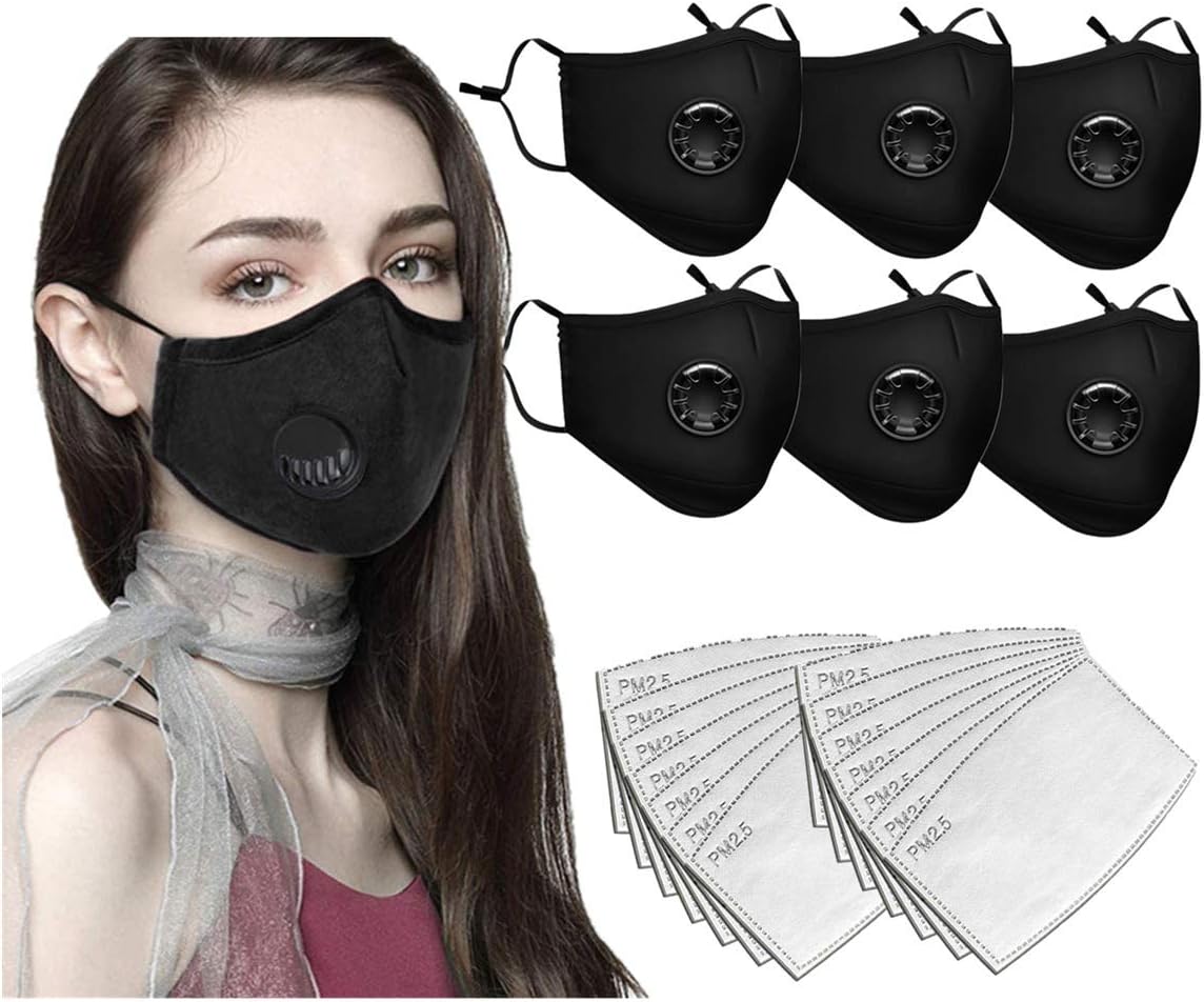 Face Bandanas with Breathing valve + Activated Carbon Filter Replaceable Haze Dust Face Health Protection for Adults (6pcs + 12 Filter, Black)