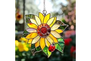 GIKZO Ladybug Sunflower Acrylic Suncatcher Stained Glass Effect Window Car Hanging Christmas Ornament Indoor Outdoor Decor Garden Sun Catcher Panel for Sunflower Lover for Women Mom Grandma