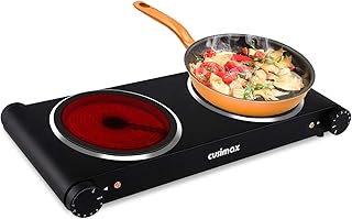 CUSIMAX 2400W Infrarot-Doppelherdplatte mit 18 cm und 18 cm Glas-Kristallplatte, Herdplatten Elektrisch mit Automatische Thermostatregelung Überhitzungsschutz, Schwarz Doppelkochplatten
