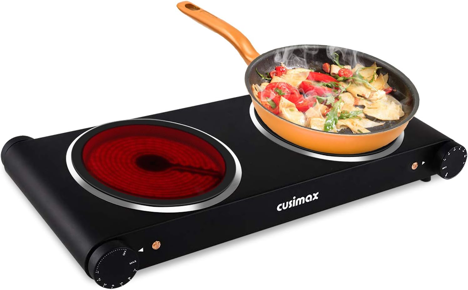 CUSIMAX 2400W Infrarot-Doppelherdplatte mit 18 cm und 18 cm Glas-Kristallplatte, Herdplatten Elektrisch mit Automatische Thermostatregelung Überhitzungsschutz, Schwarz Doppelkochplatten