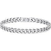 Rockyu Men's Cuban Link Bracelet Stainless Steel Silver 7mm Thick Curb Chain 7.5 Inch Hypoallergenic Durable Polished Jewelry for Hip Hop Fashion Birthday Gift