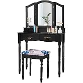 Giantex Vanity Set with Tri-Folding Mirror, Makeup Dressing Table with 4 Drawers and Storage Shelf, Modern Bedroom Bathroom Makeup Vanity Desk with Cushioned Stool for Girls Women (Black)