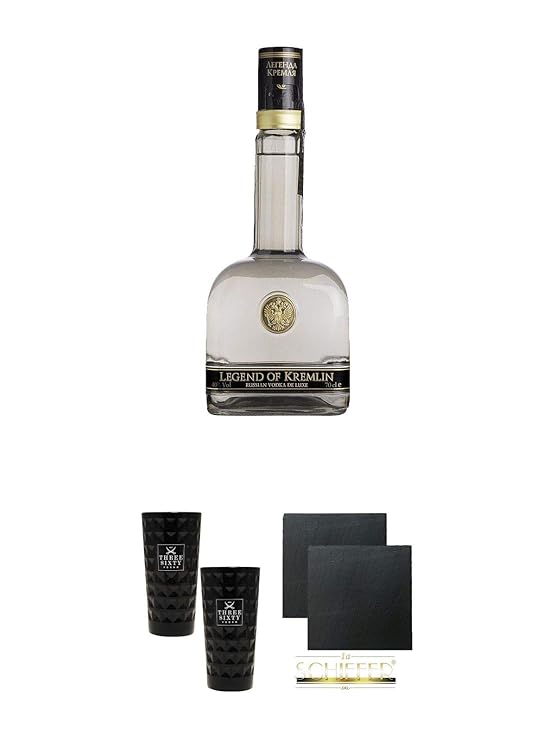 Legend Of Kremlin Wodka 0,7 Liter + Three Sixty black Vodka Glas 2 Stück (black) + Schiefer Glasuntersetzer eckig ca. 9,5 cm 